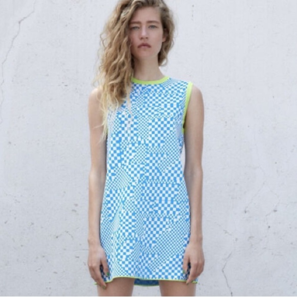 Zara checkered dress with neon green trim. New w/ tags. Smoke free/pet free home